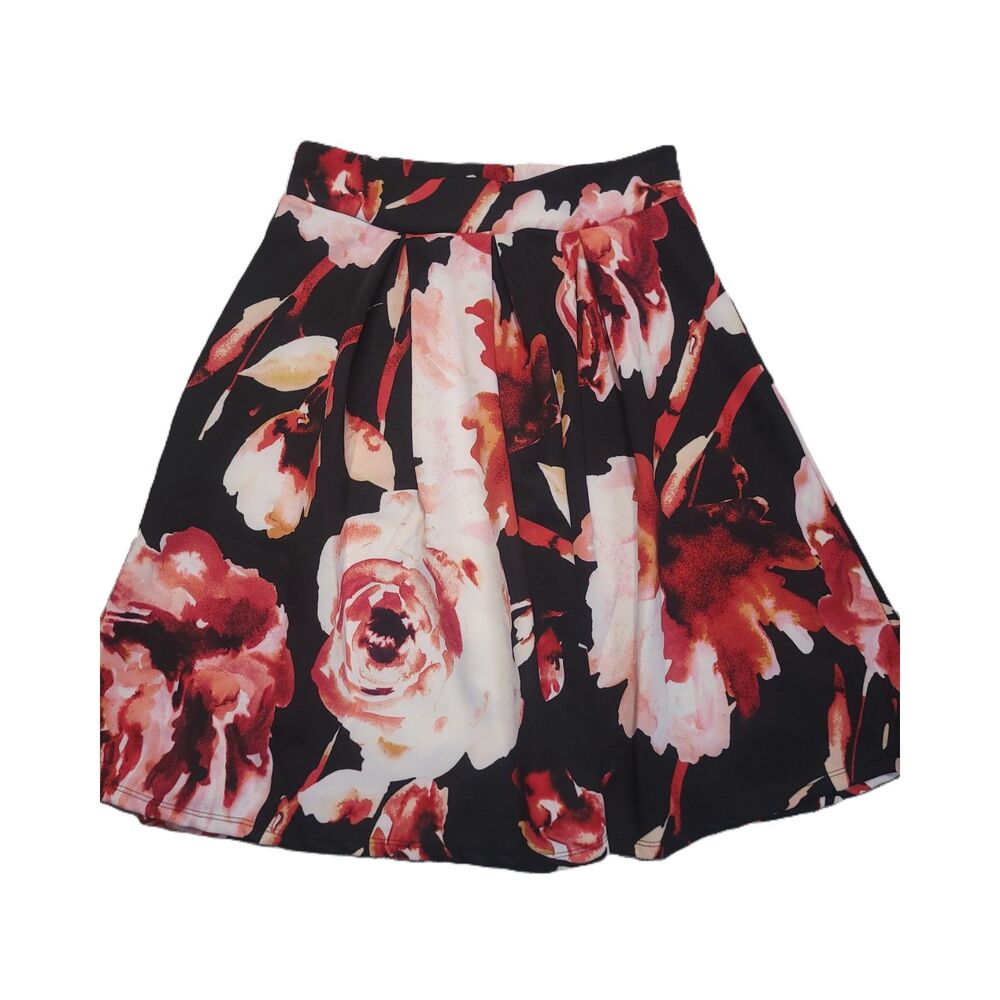 See You Monday Womens L Skirt A Line Pull On Black Pink Roses Stretch